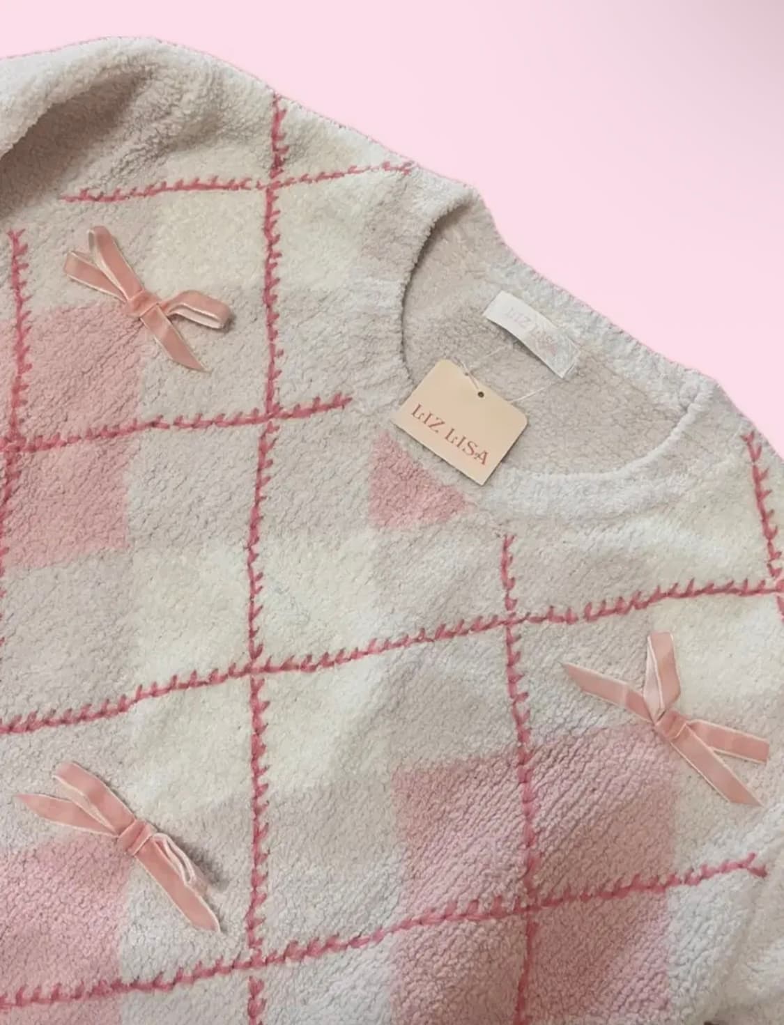 리즈리사 딸기우유 핑크 리본 아가일 니트 상품이미지3