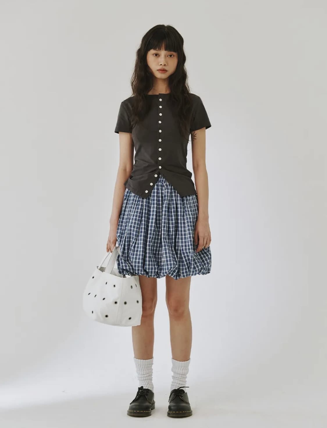 PLZPROJECT 플리즈프로젝트 BALLOON SKIRT 블루 체크 상품이미지3