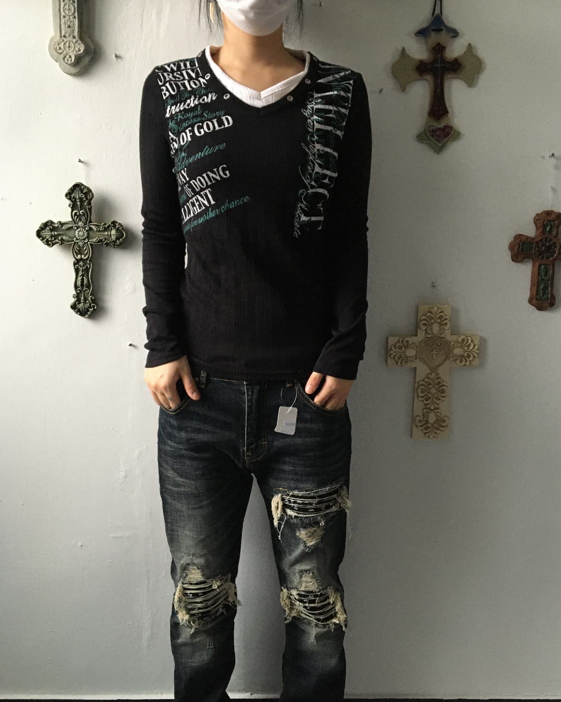 Eyelet point printing ribbed sleeve 상품이미지1