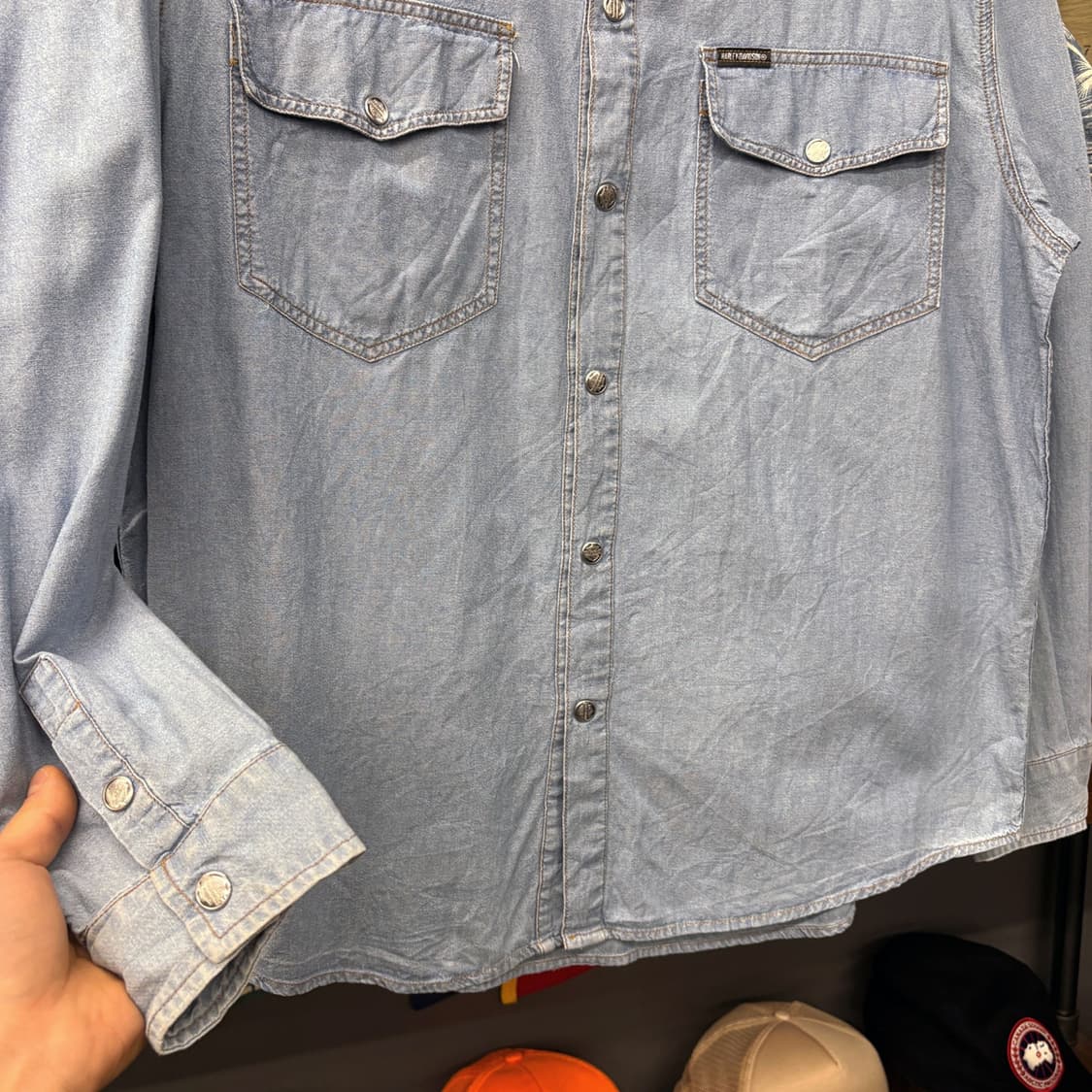 90s 할리데이비슨 웨스턴 요크 포켓 데님셔츠 로고 스탭버튼 N718 상품이미지4