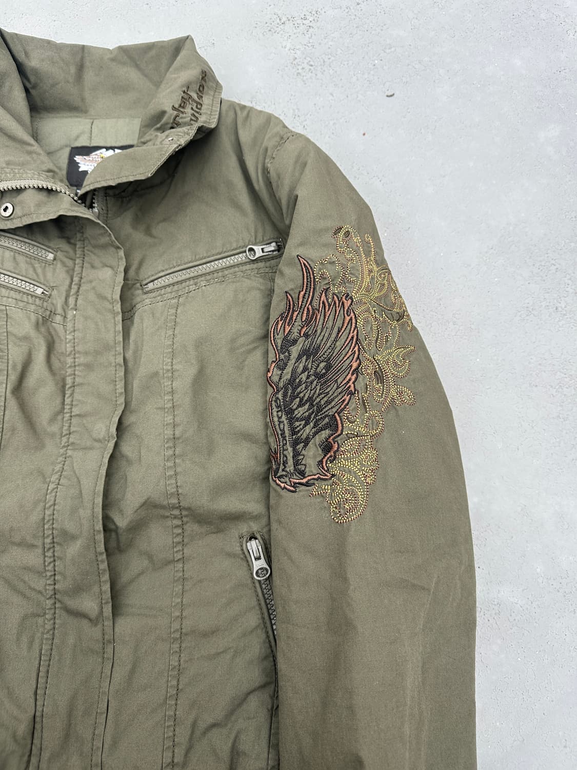 할리데이비슨 로고 자수 크롭 봄버자켓 올리브 카키 y2k 상품이미지6