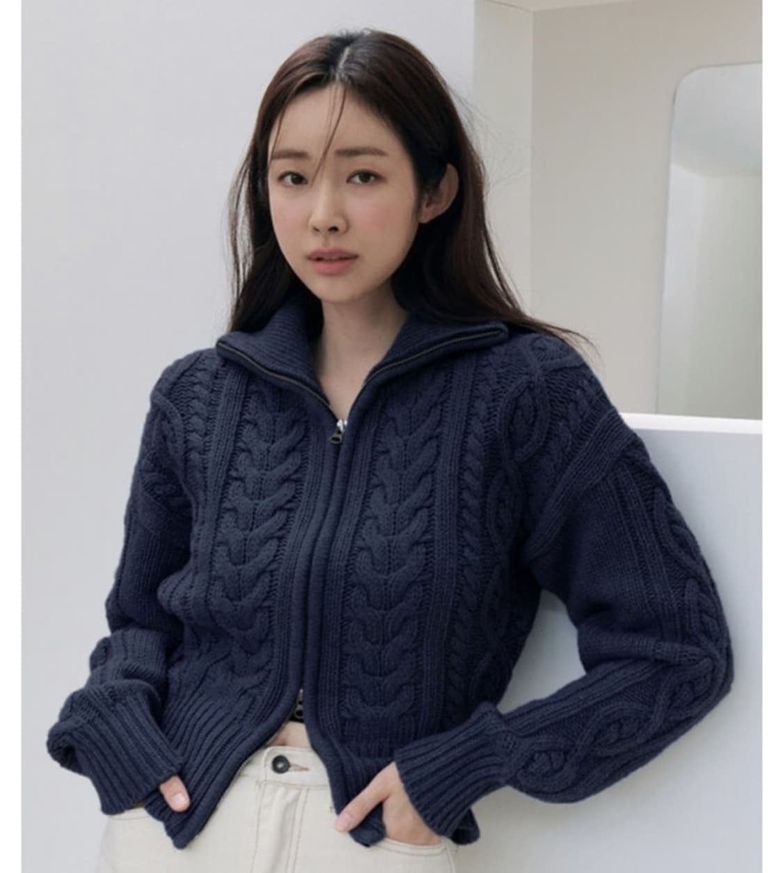 시티브리즈 울 케이블 니트 집업 가디건 네이비 (차정원, 윈터 착용)  상품이미지1