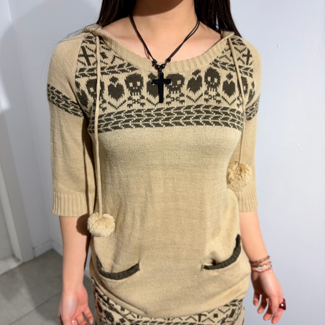 Je voudrais 해골 스컬 하트 폼폼이 갸루 초코브라운 후드원피스  상품이미지3