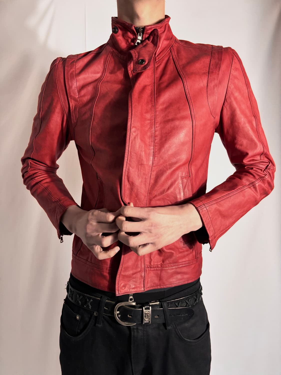 No ID Slim Red Leather Biker Jacket 상품이미지4