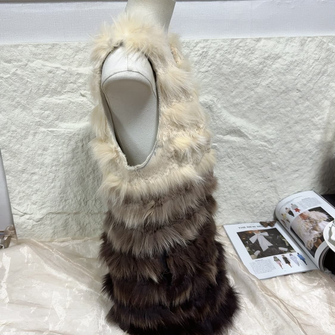 빈티지 베이지 브라운 배색 라쿤퍼 차졸 조끼 베스트 상품이미지3