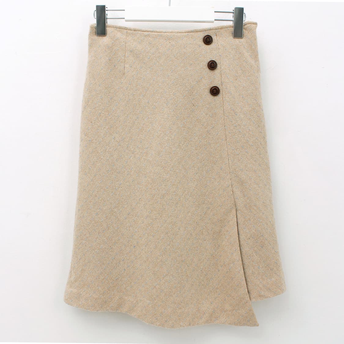 일본 빈티지 울 헤링본 버튼 베이지 언발란스 슬릿 트임 미디 에이라인 스 상품이미지1