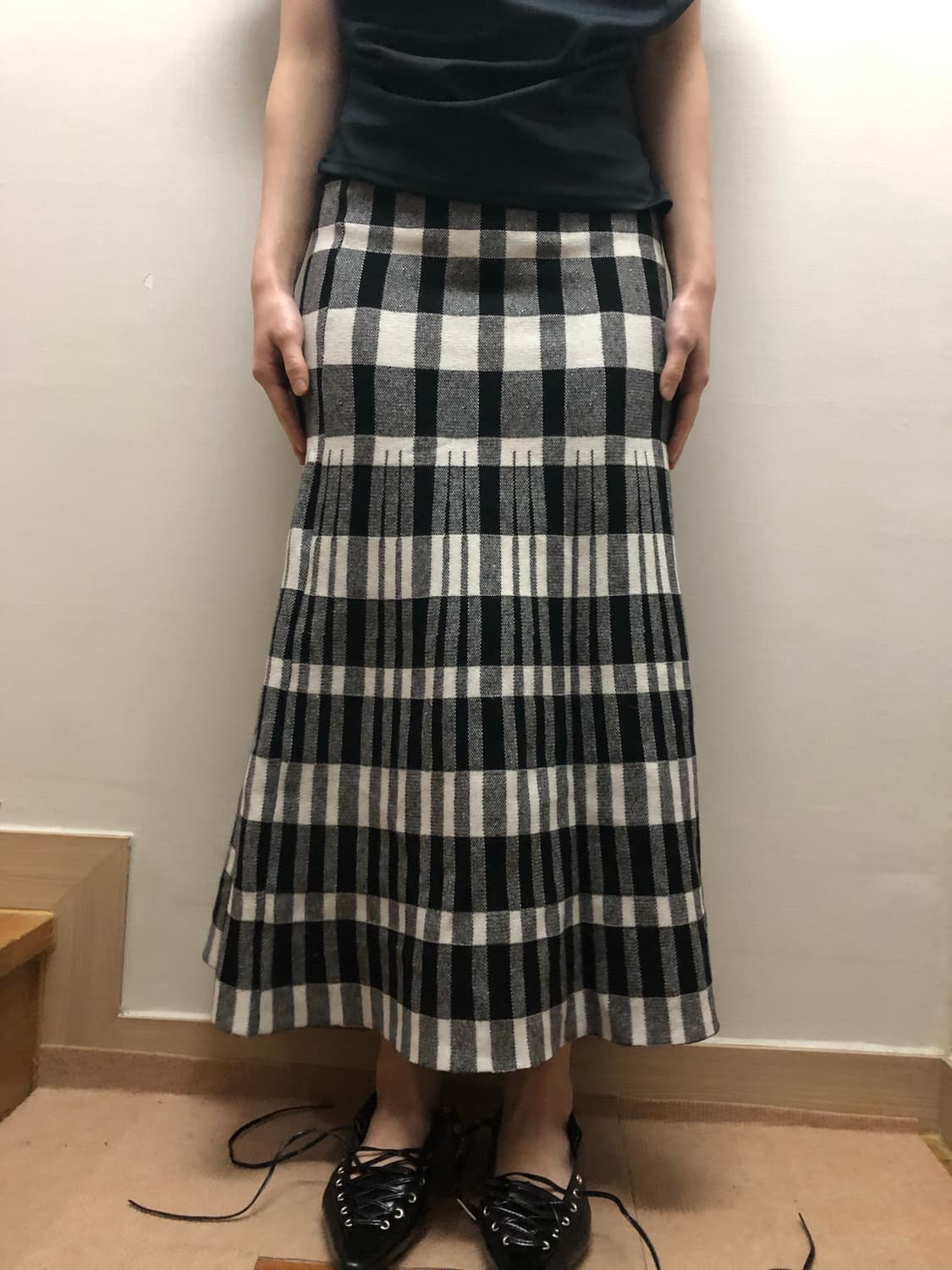빈티지 블랙앤화이트 체크 롱 니트 스커트 상품이미지6