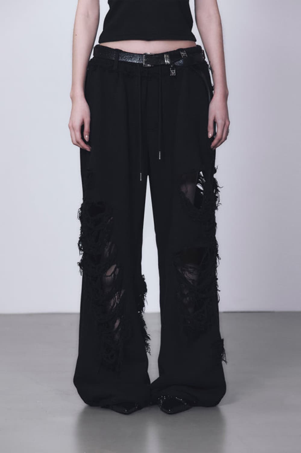 트리밍버드 블랙 데미지 와이드 팬츠 상품이미지2