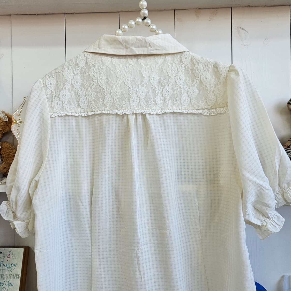 크림 아이보리 리본 레이스 블라우스 상품이미지7