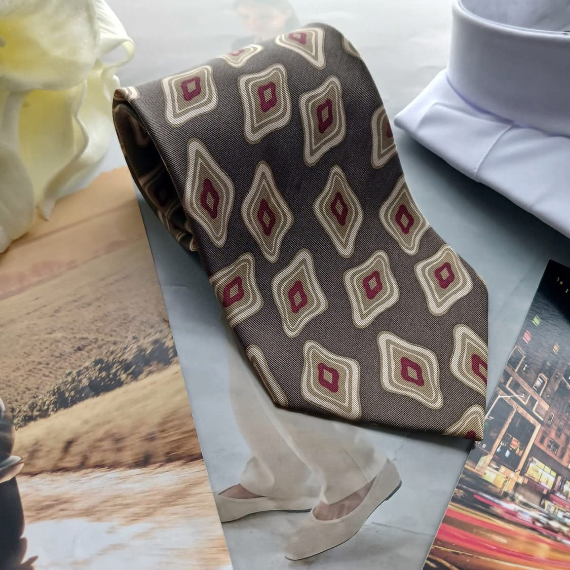 아쿠아스큐텀 브라운 다이아몬드 패턴 넥타이 9.4cm A등급 A18573 상품이미지2