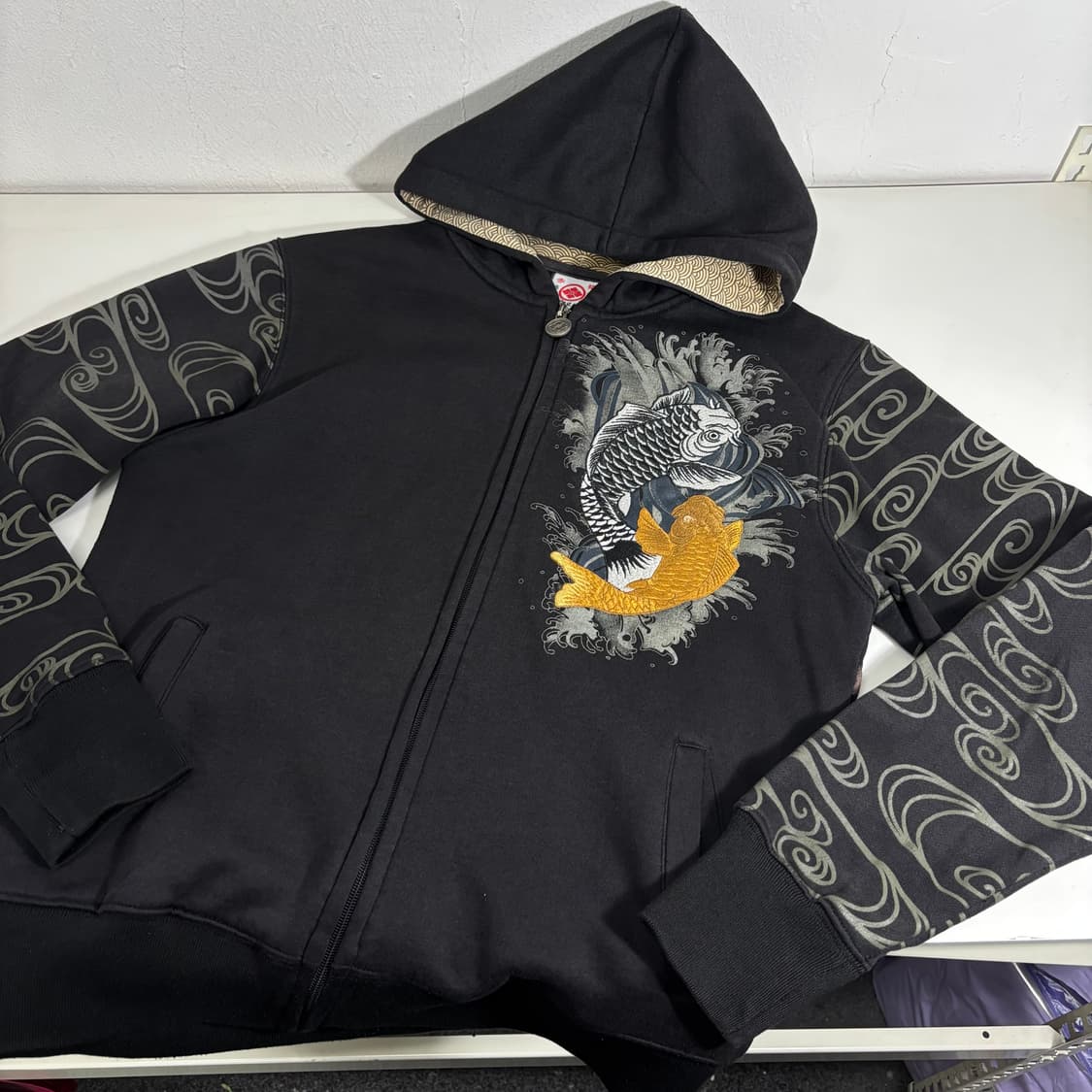 M 재팬빈티지 블랙 이레즈미 잉어자수 스웻코튼 후드집업 상품이미지2