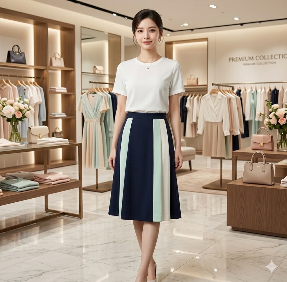 🌸오피스룩 | H라인 배색 미디 스커트 66 | 깔끔핏 상품이미지1