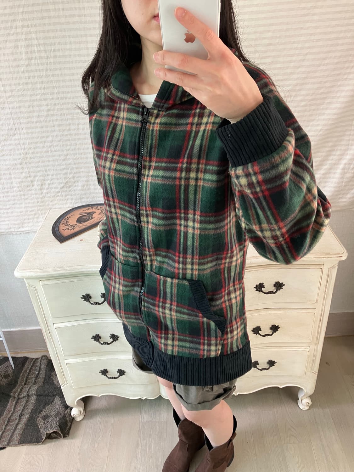 jpn vintage 그린레드 체크 후드집업 y2k 스트릿 갸루 펑키   상품이미지4