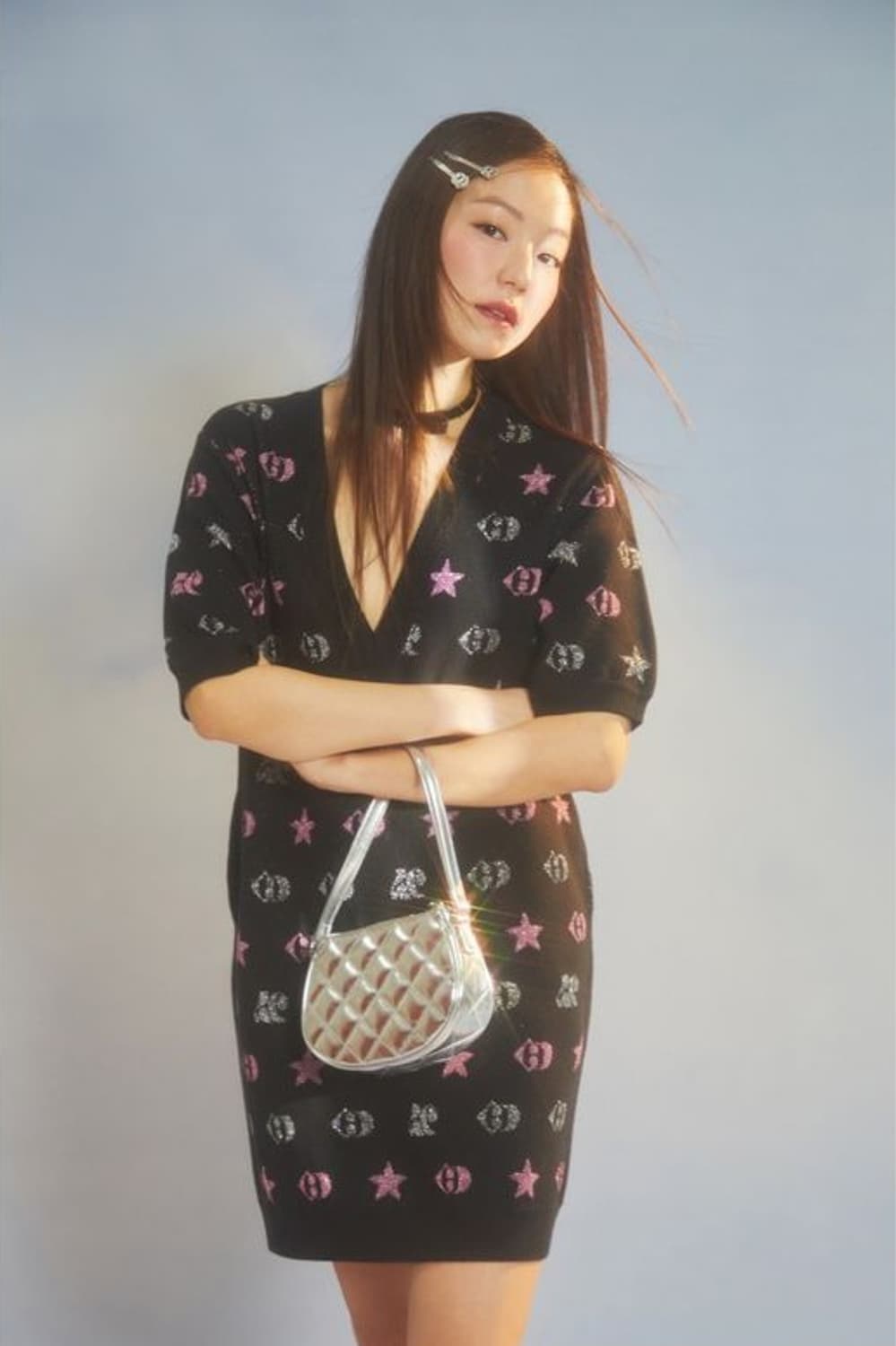 럭키슈에뜨(LUCKY CHOUETTE)23년 메탈 자카드 니트 드레스 상품이미지1