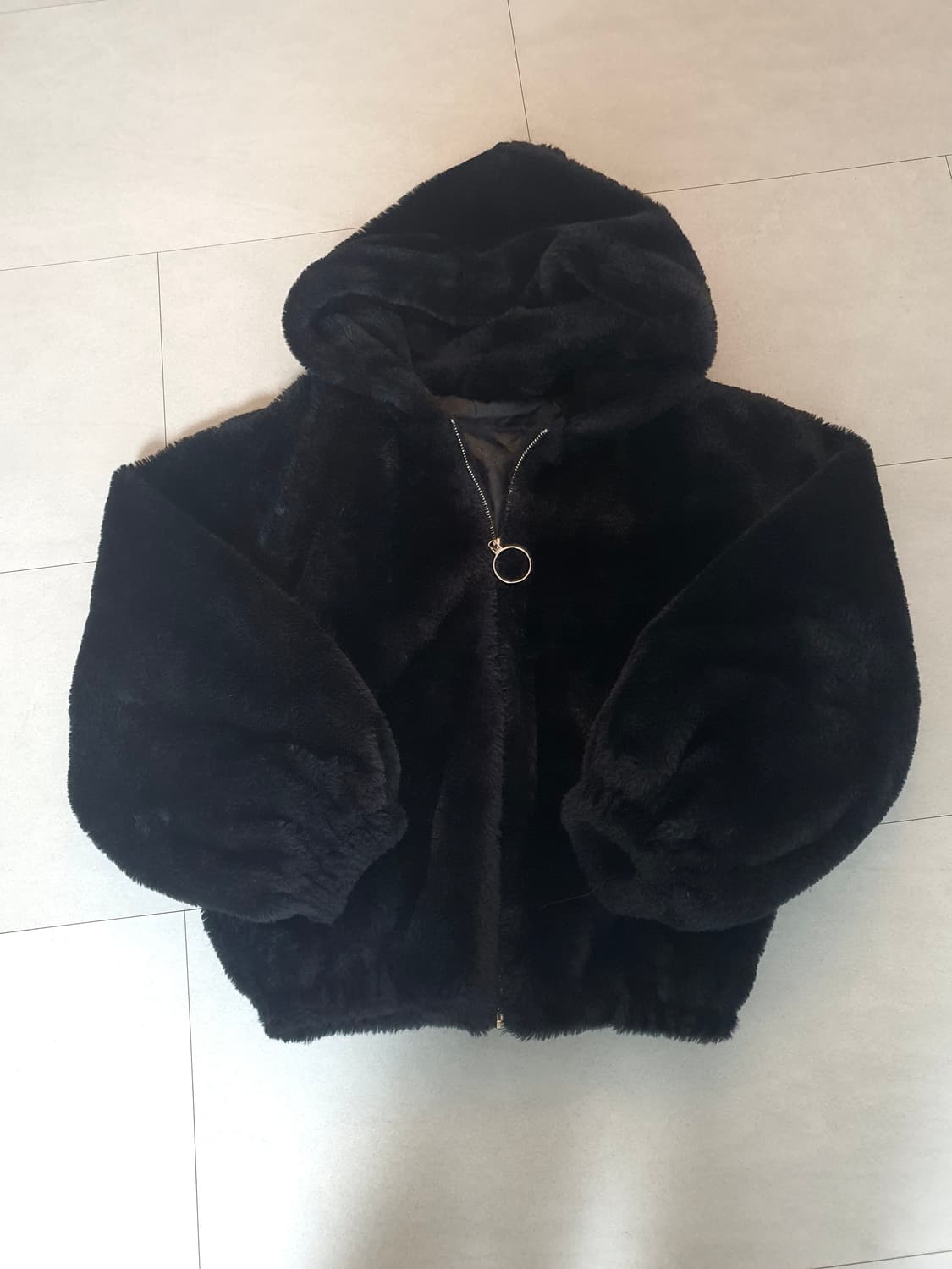 블랙 후드 퍼 집업 퍼 자켓 상품이미지1