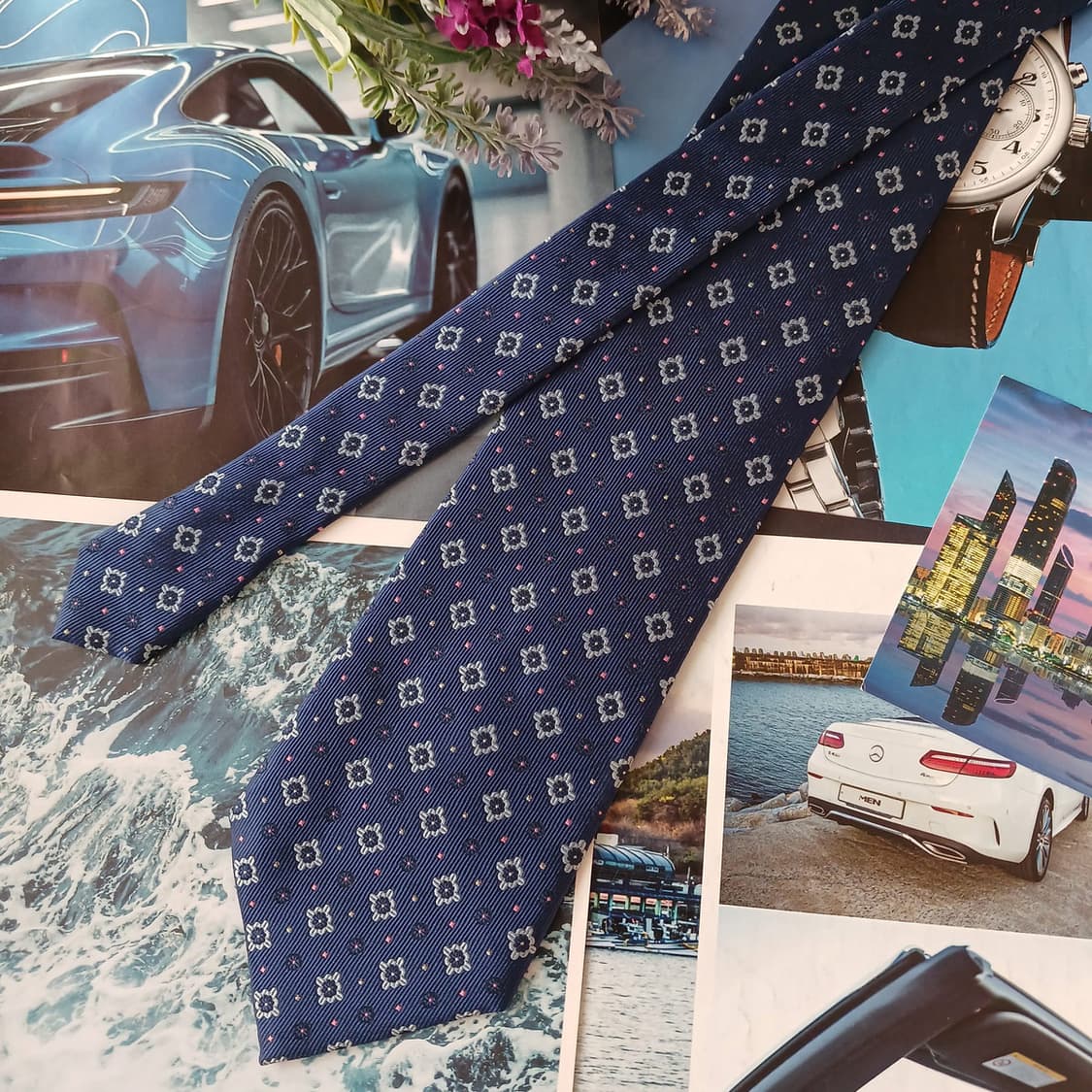 니나리치 실크 블루 플라워 자카드 넥타이 9.8cm A+등급 A18945 상품이미지3
