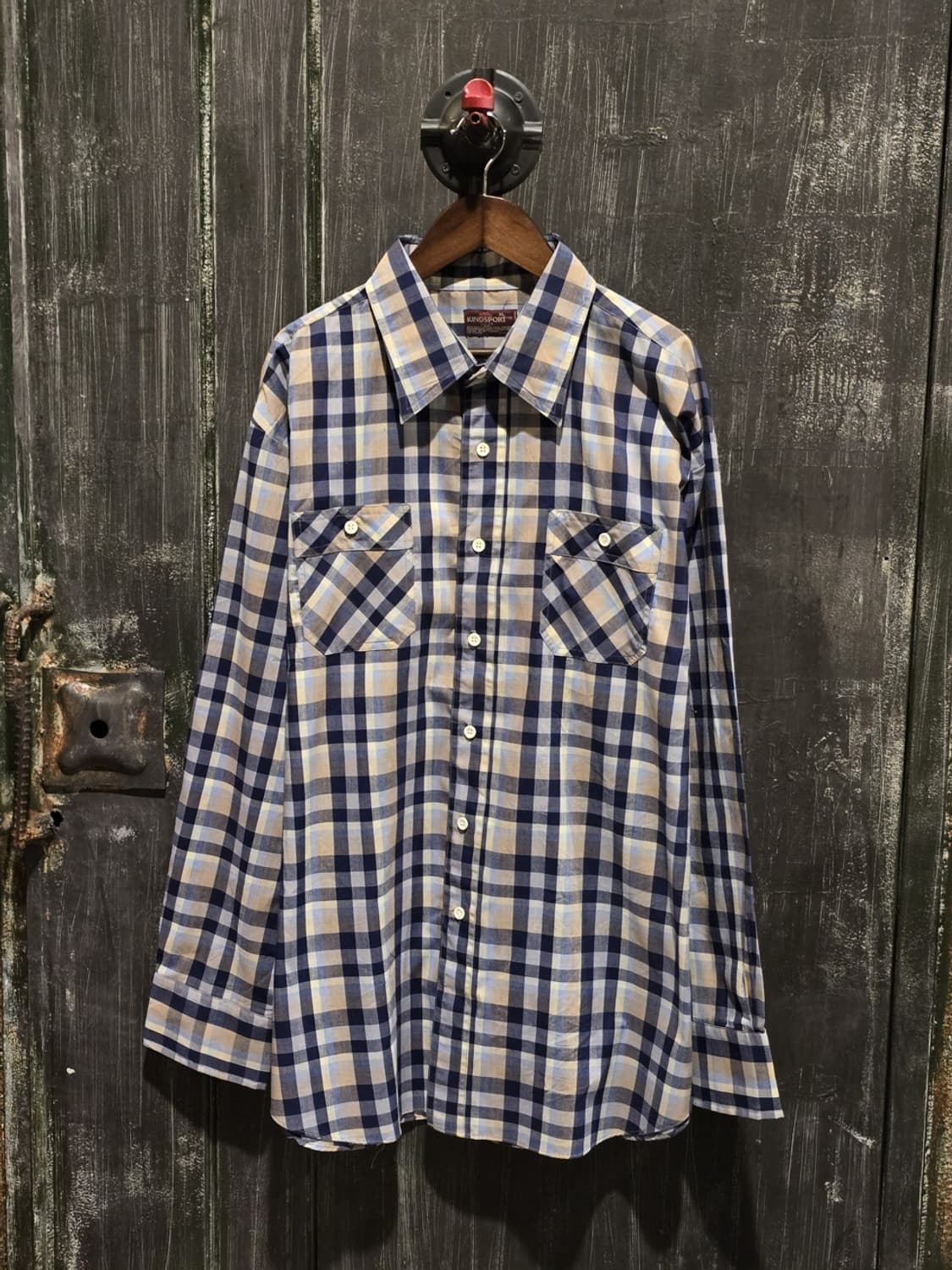 90s Kingsport Blue and Beige Plaid Shirt 상품이미지1