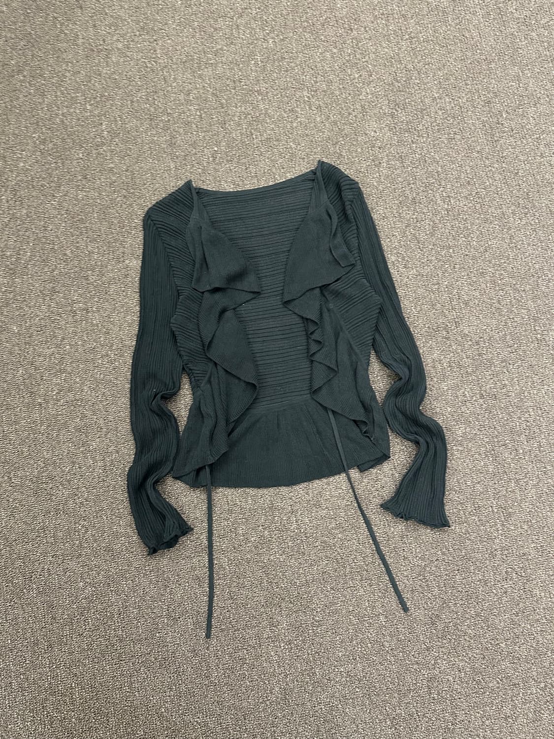 OS)Japanese vintage 여성 블랙 골지 크롭 레이스 가디건 상품이미지2