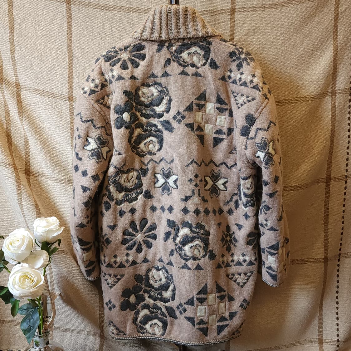 90s 웅가로 인디핑크 로즈 패턴 오버사이즈 숄카라 니트 자켓 L 상품이미지3