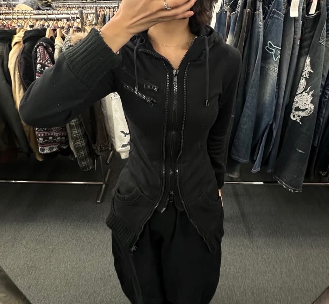 M)일본 빈티지 Y2K 여성 레이어드 블랙 투웨이 후드집업 상품이미지1