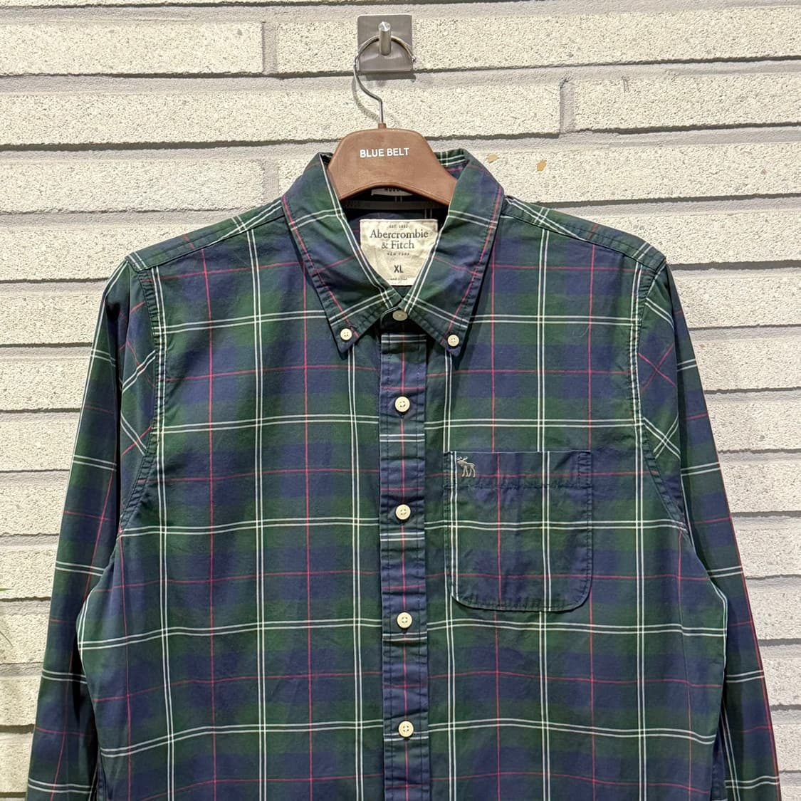아베크롬비 체크 셔츠 시그니처 자수 로고 원포켓 디테일 그린 상품이미지3