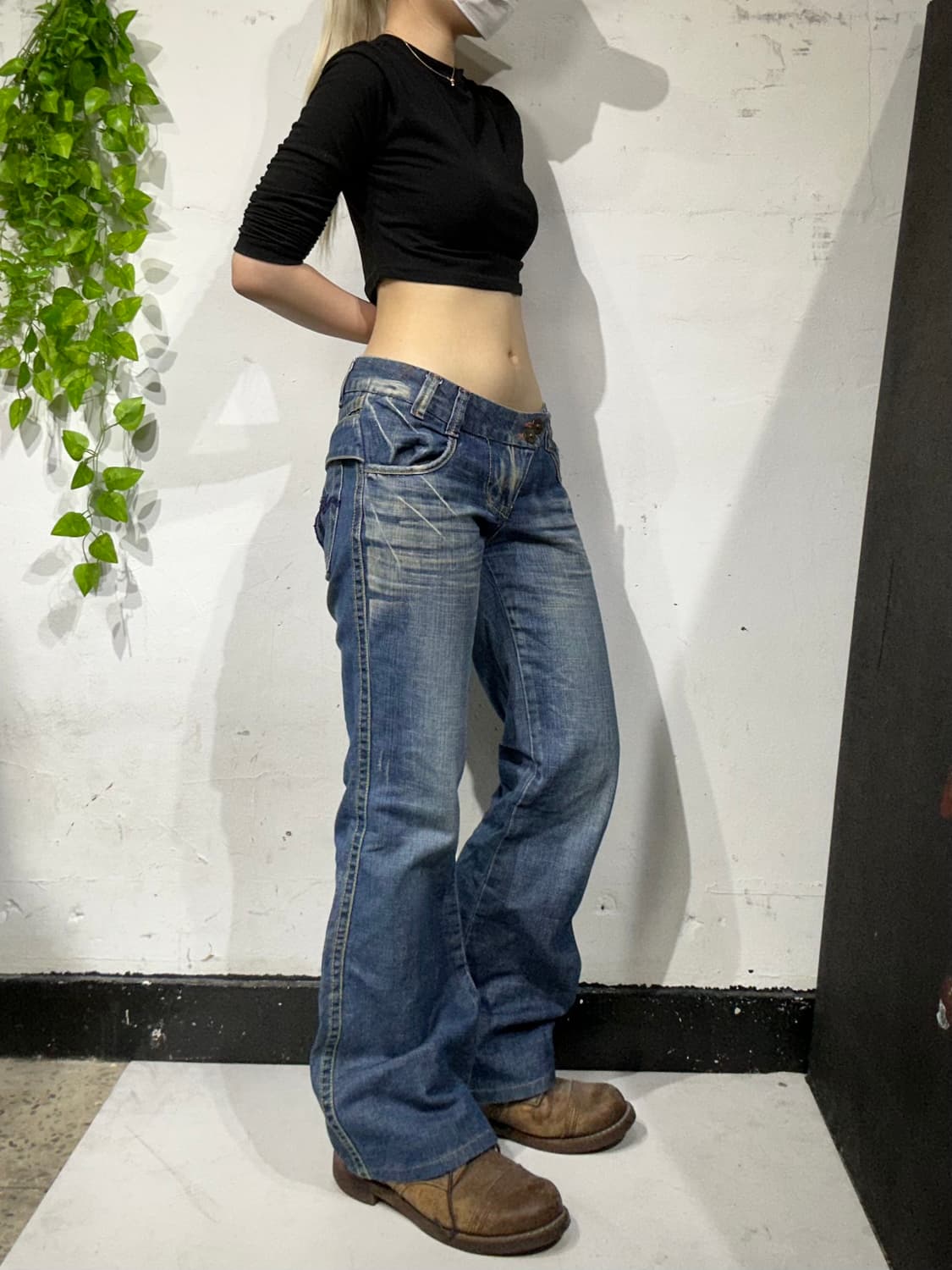 일본 빈티지 대대장 와이드 부츠컷 플레어진 워싱 데님 팬츠 청바지 28 상품이미지2