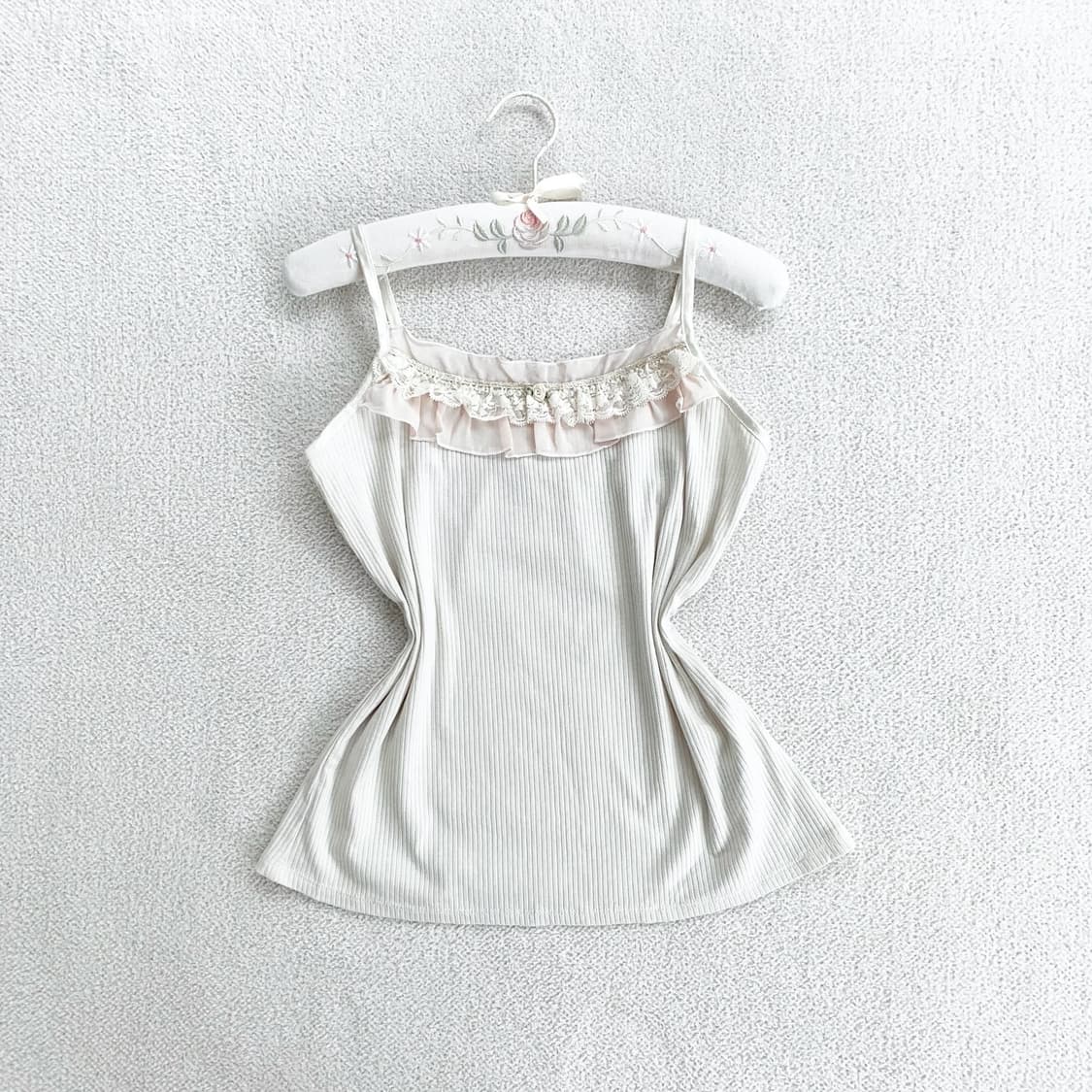 엑시즈팜 ♥ 밀크티 핑크 골지 레이스 나시 상품이미지1