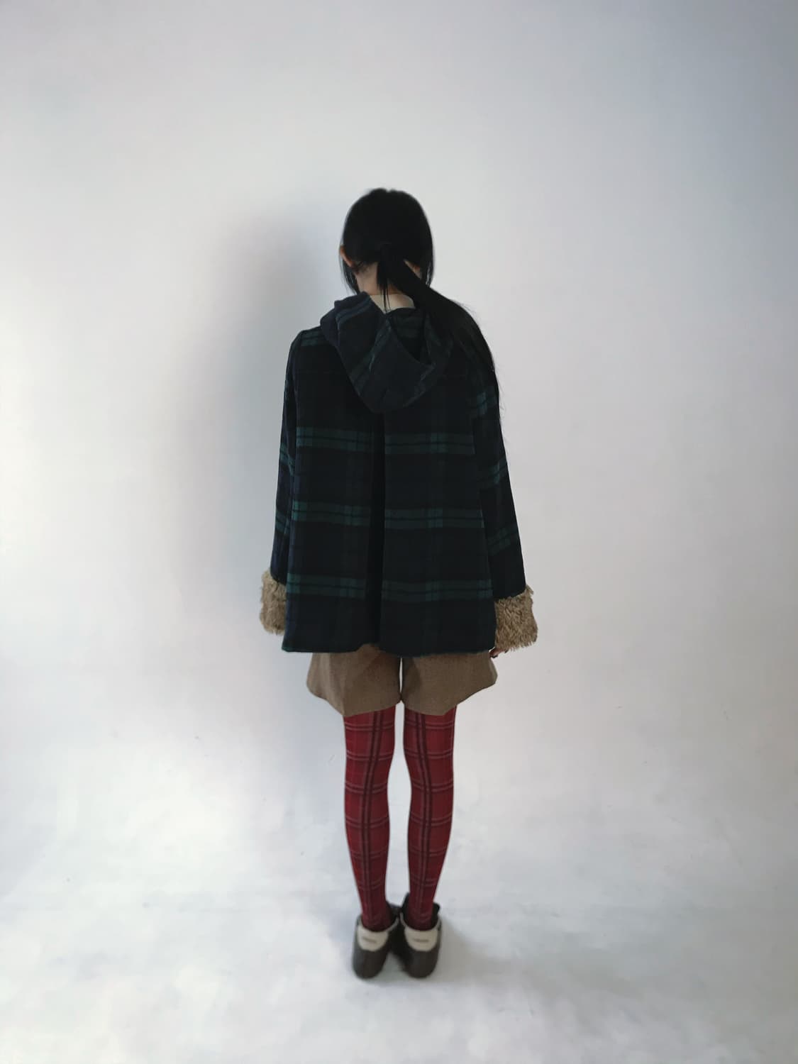 Green-check fur sleeve duffel coat 상품이미지5