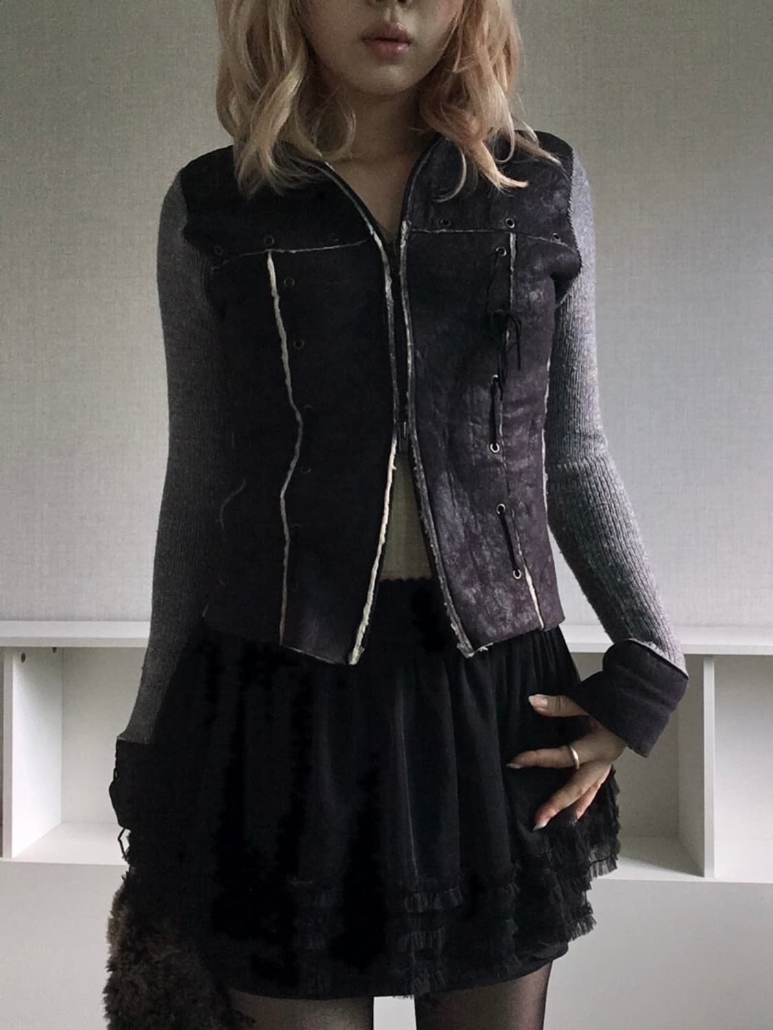 일본빈티지 아일렛 니트 무스탕 집업 상품이미지2