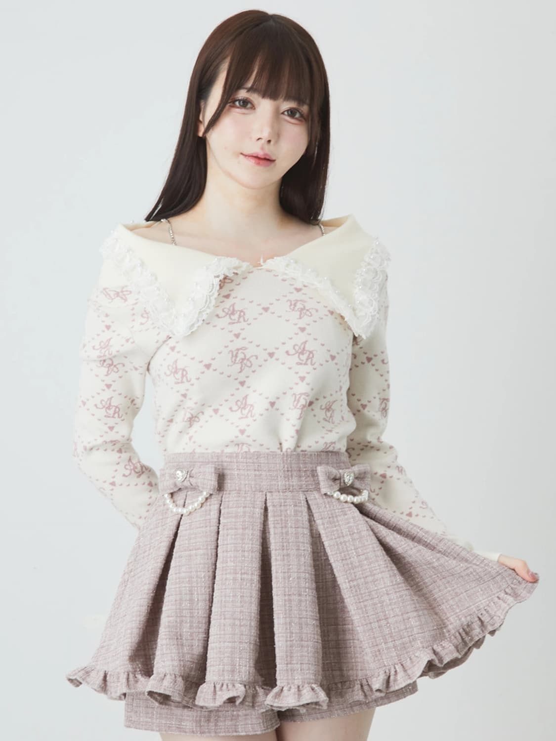 앙크루즈 오프숄더 리본 레이스 니트 화이트 핑크 판매 상품이미지1