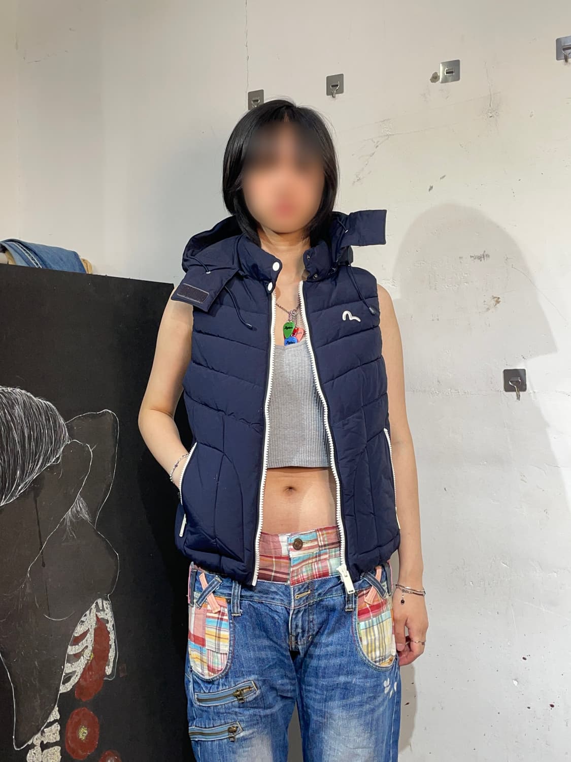 에비수 경량패딩 후드 패딩조끼 베스트 네이비  M 상품이미지3