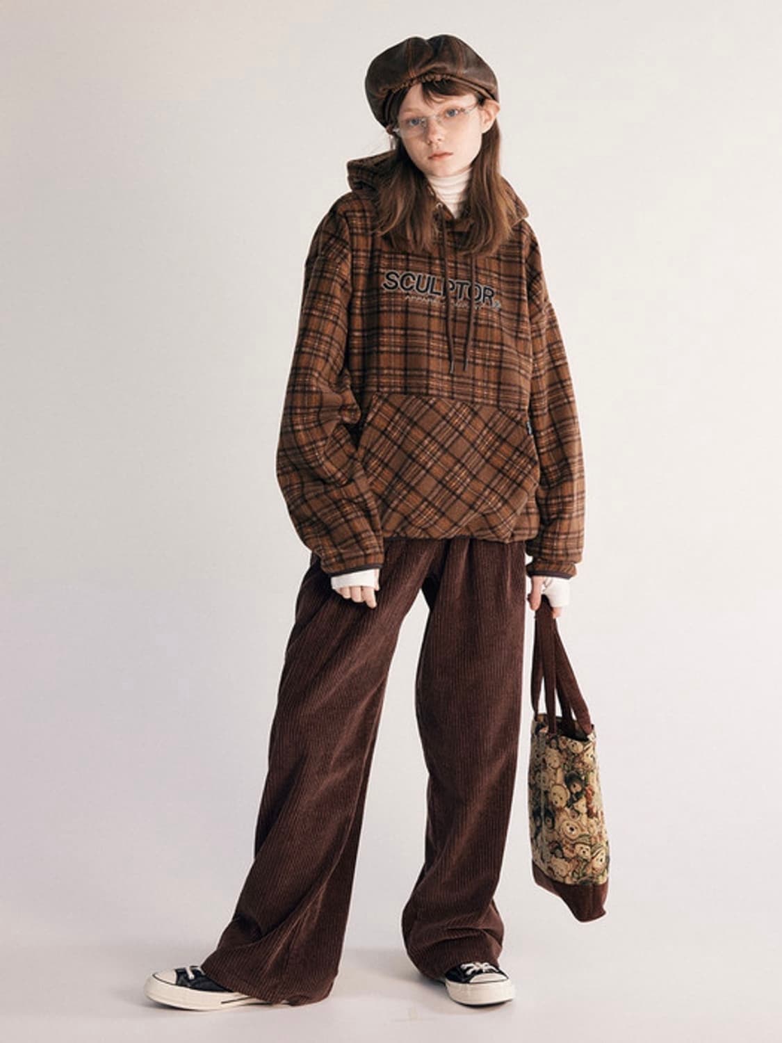 스컬프터 브라운 체크 후드티 플리스 후리스 후디 상품이미지4
