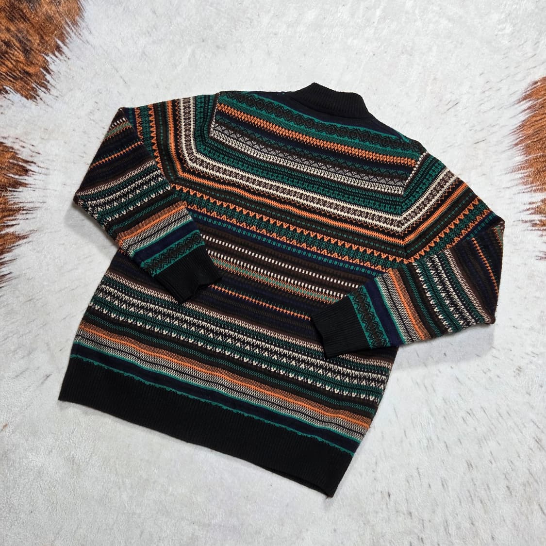 빈티지 오렌지 그린 에스닉 패턴 반폴라 니트 상품이미지4