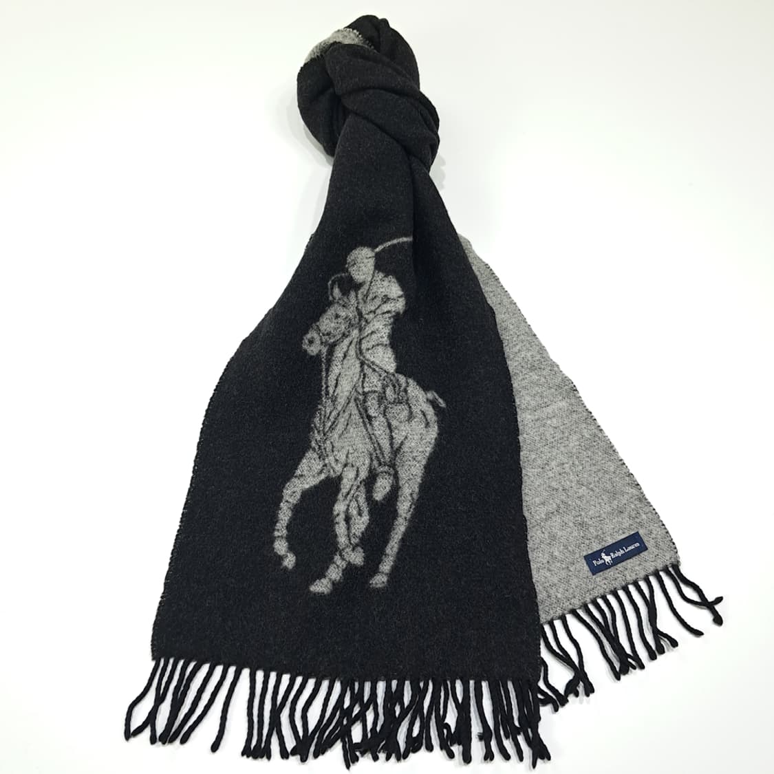 MX403 폴로 랄프 로렌 블랙 & 그레이 빅포니 자카드 양면 머플러 상품이미지2