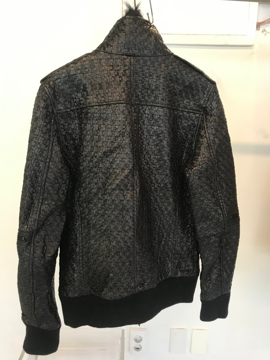 Woven Fur-Collar Leather Moto Jacket 상품이미지6