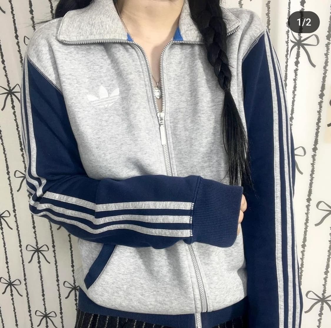 (판매) 아디다스 져지 면 코튼 네이비 그레이 adidas 집업 트랙탑 상품이미지1