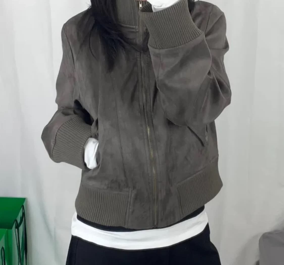 (새상품) 안감 빈티지 하이넥 스웨이드 누빔 점퍼 카키 상품이미지1