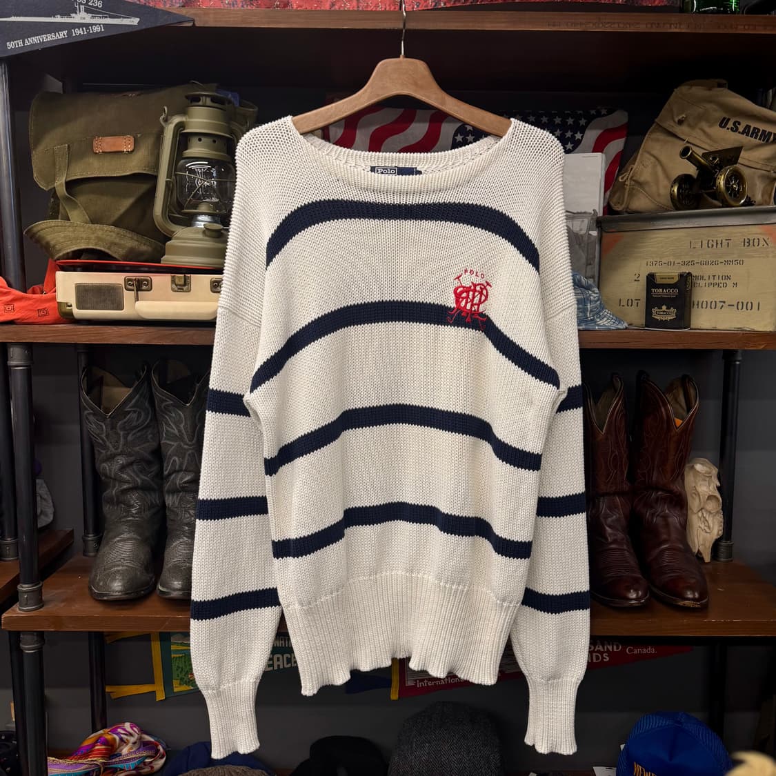 90s 폴로 랄프로렌 스틱 로고 스트라이프 프레피 헤비 니트 N232 상품이미지1