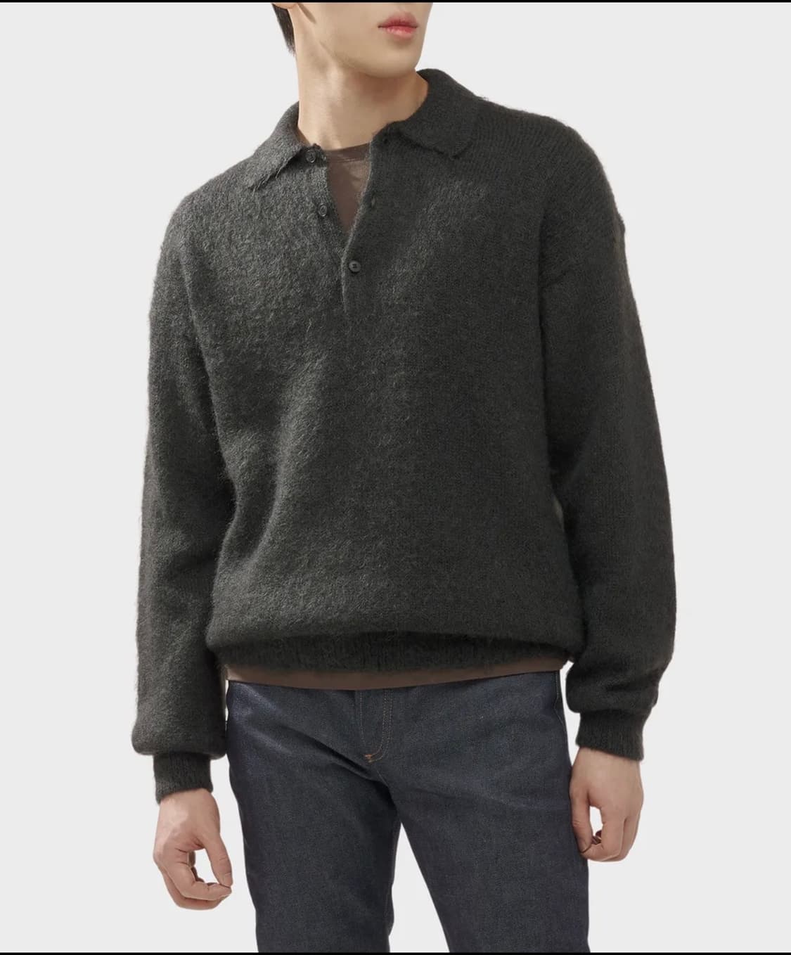 오라리 브러시드 수퍼 키드 모헤어 블랜드 폴로 니트 - 잉크 블랙 상품이미지4