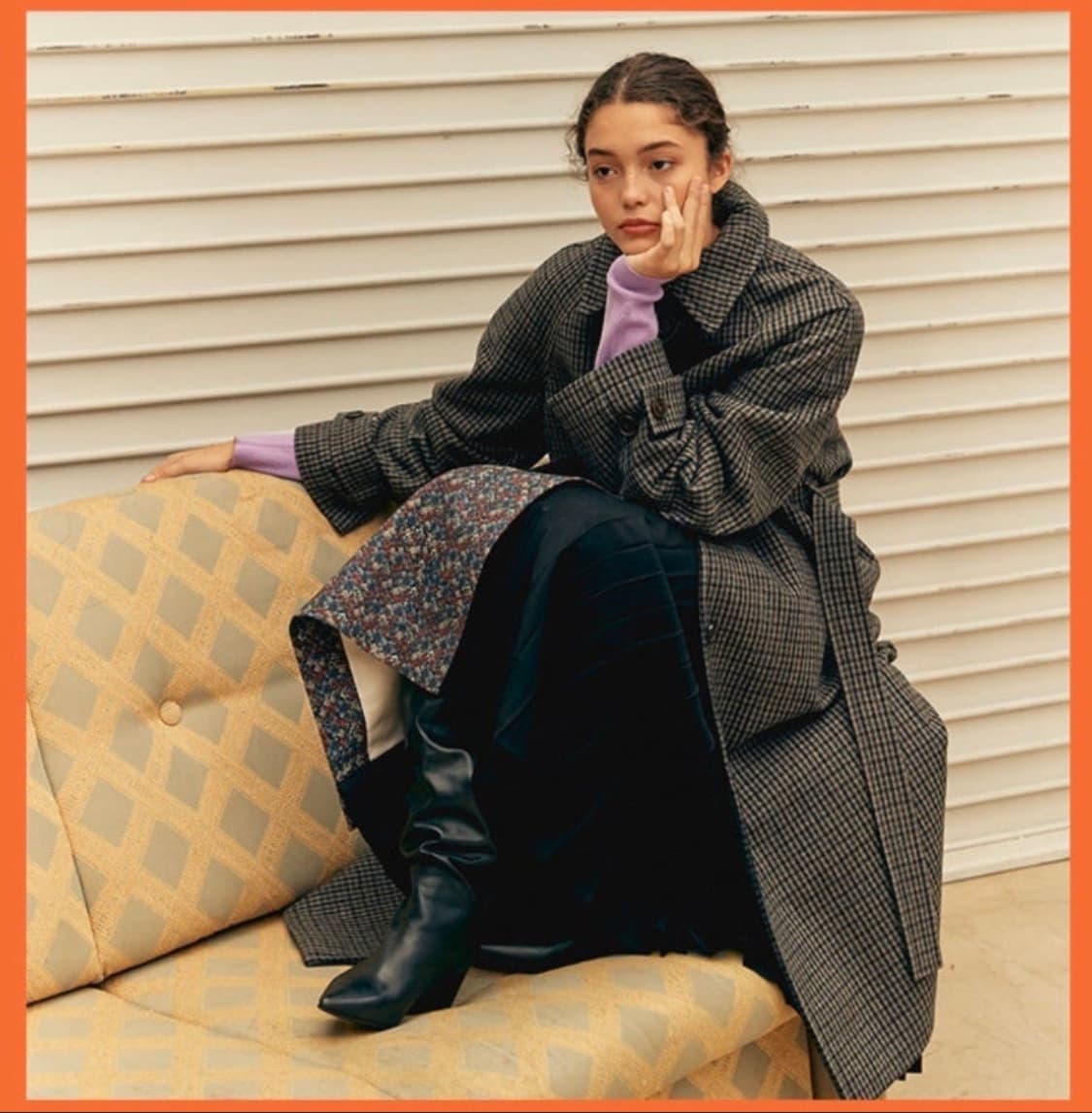 프론트로우 푸시버튼 콜라보 체크 후디 포인트 싱글버튼 롱코트 S 상품이미지5