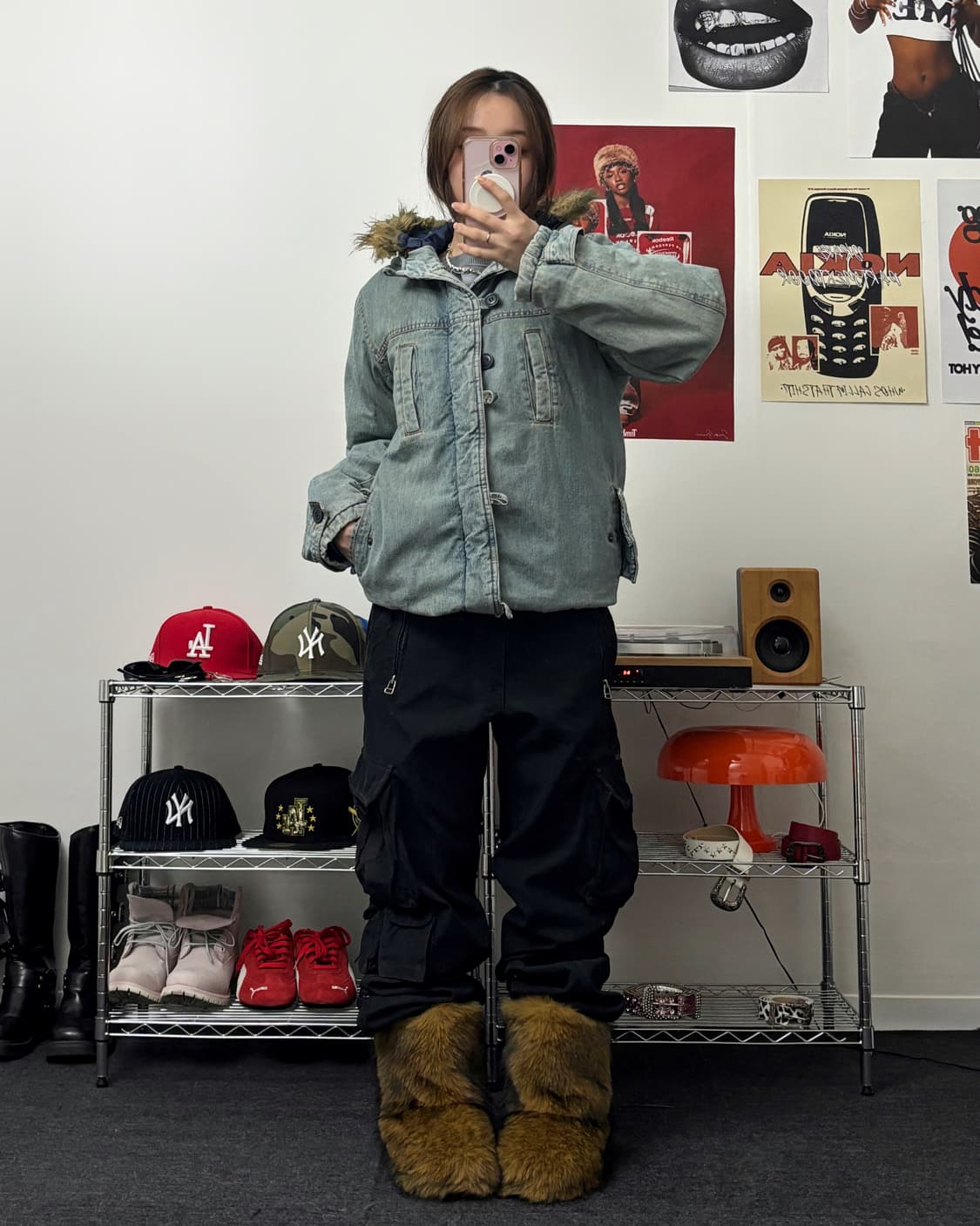 올드 빈티지 퍼 후드 데님 블루종 자켓 상품이미지4