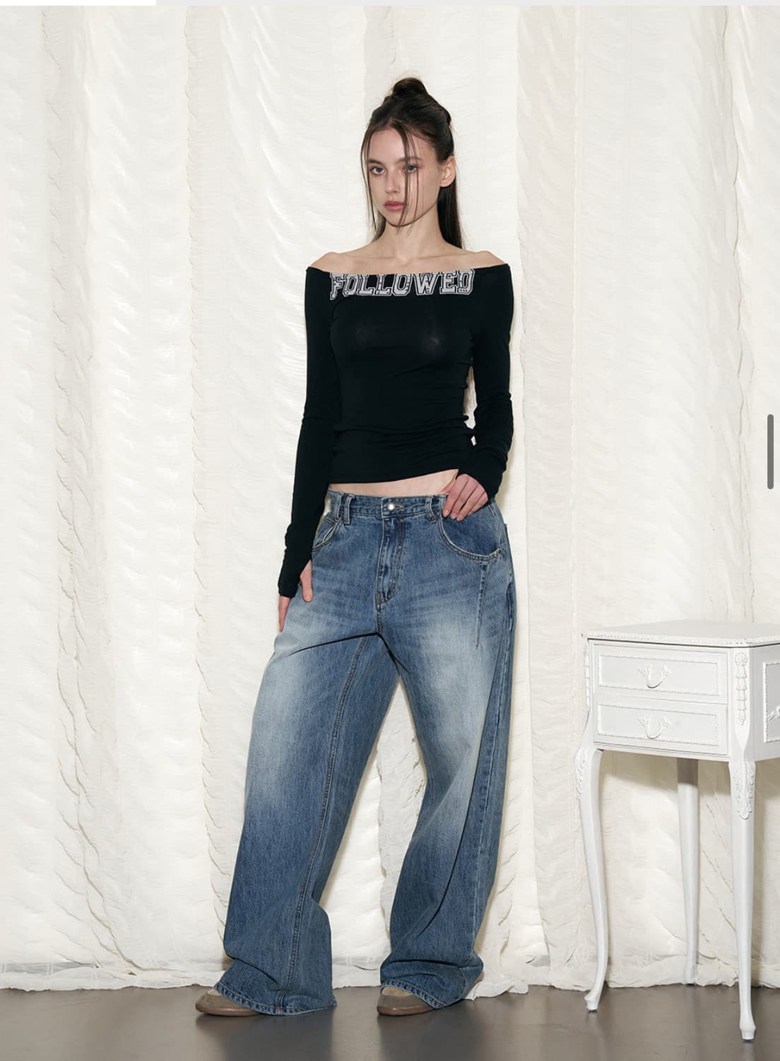 플리즈노팔로우 데님 M 25Damaged Washing Wide Deni 상품이미지1
