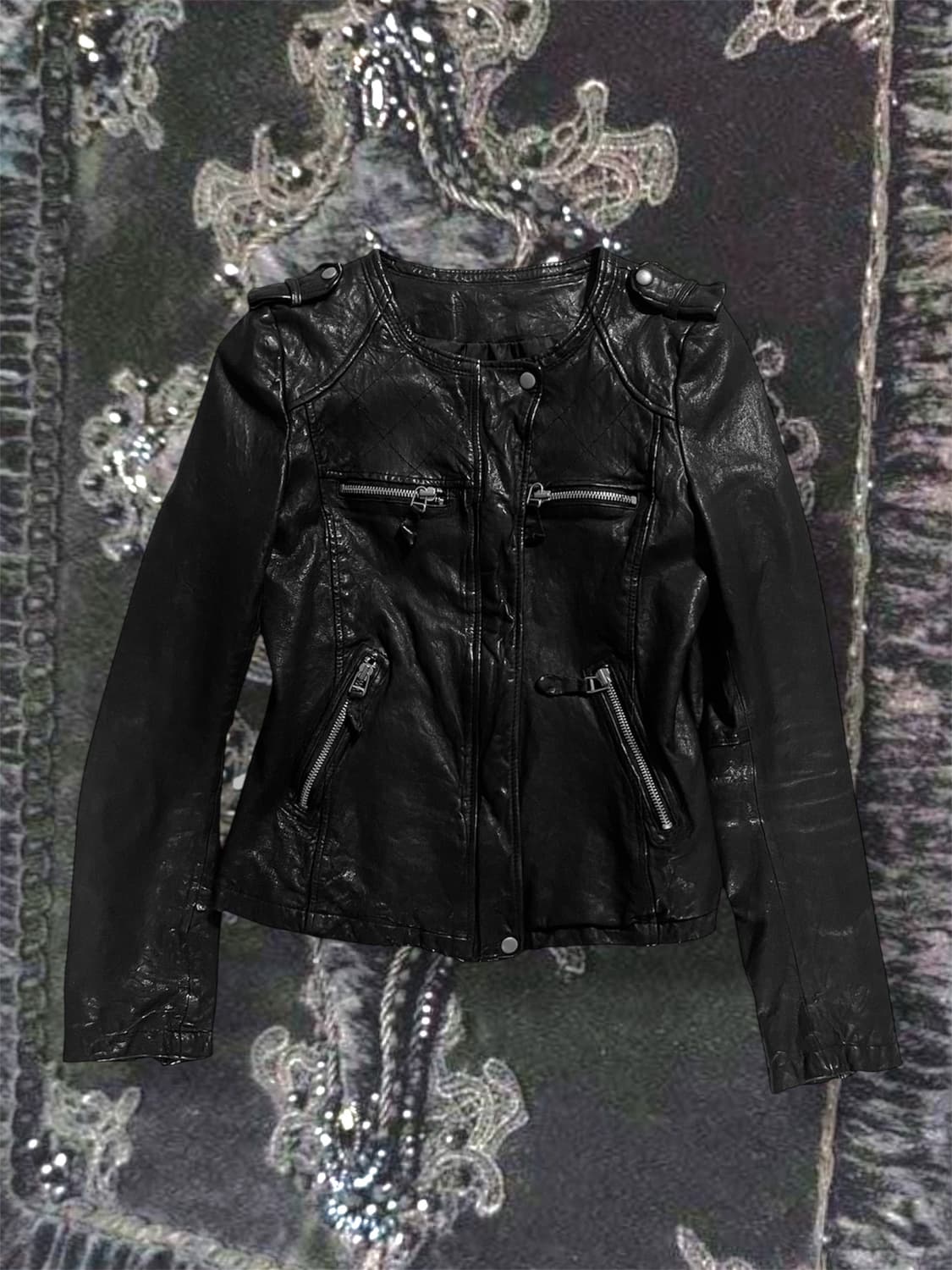 00s ITALY 램스킨 퀼팅 지퍼디테일 노카라 레더자켓 양가죽디올st 상품이미지1