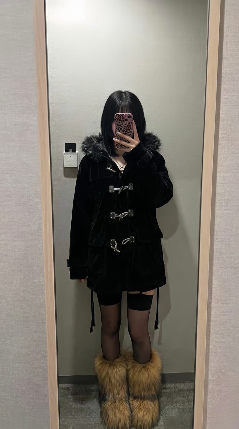 갸루 펑크 블랙 버클 디테일 퍼 벨벳 자켓 상품이미지1