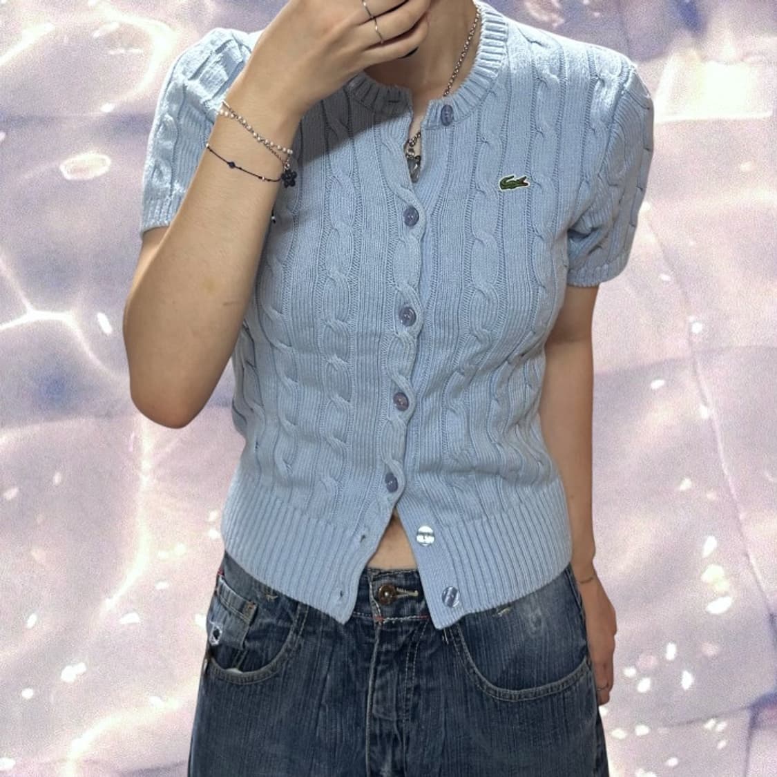 라코스테 스카이블루 소라 케이블 반팔 니트 가디건 90 상품이미지4