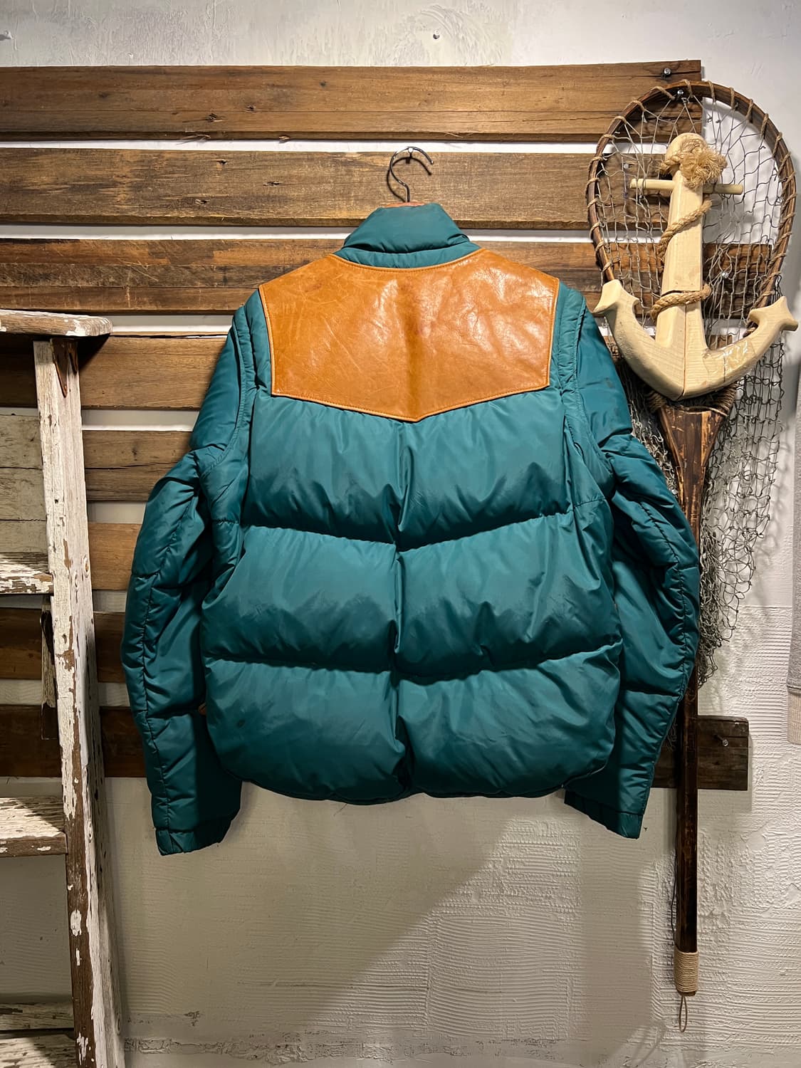 [M]90's 쇼트 USA Made 레더 베스트 분리형 그린 다운 패딩 상품이미지9