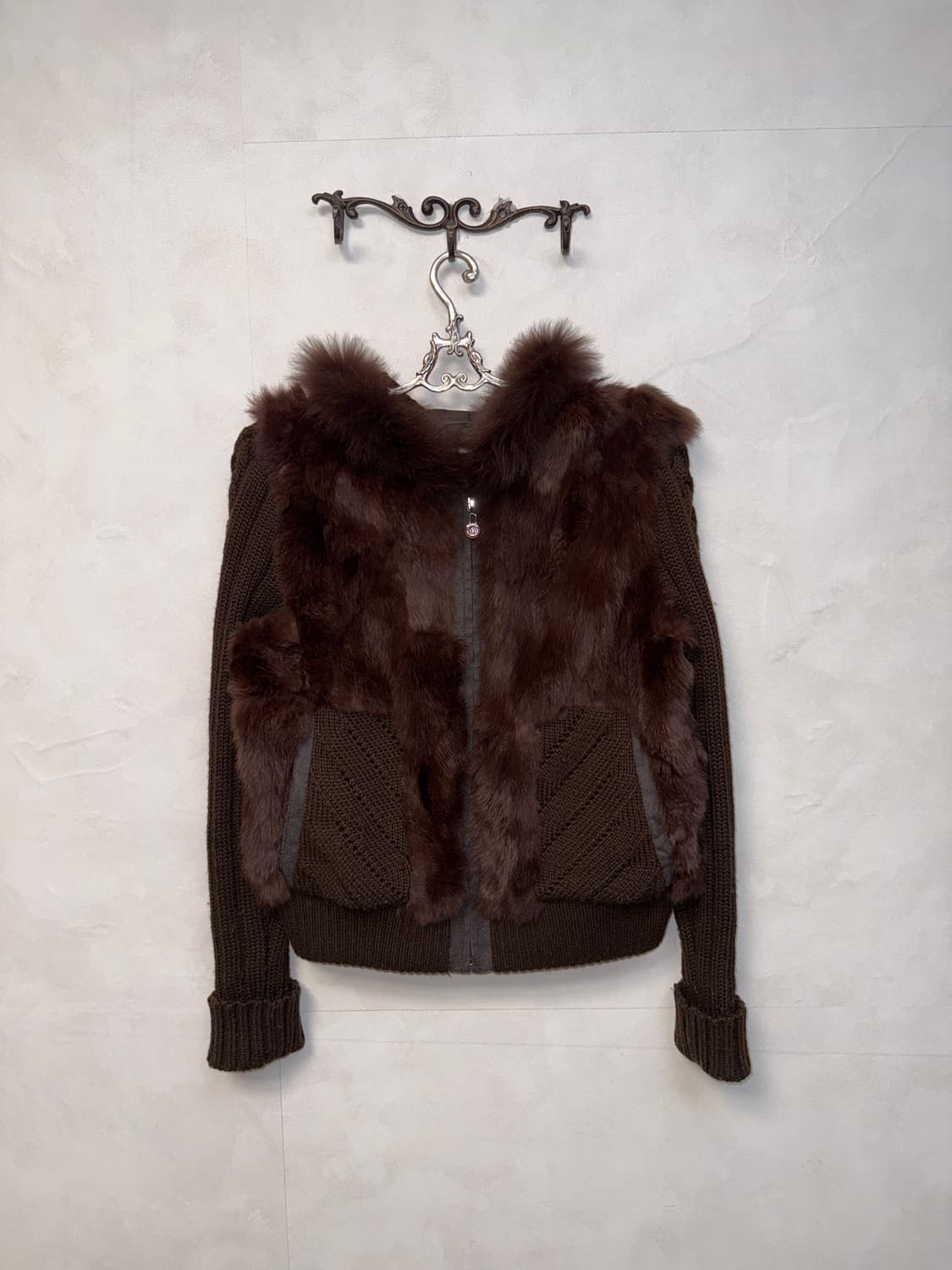 Dark brown rabbit&fox fur knit 후드집업 상품이미지1