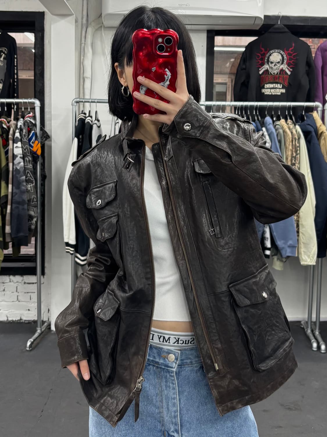 VTG 넥버클 브라운 가죽 자켓 상품이미지1