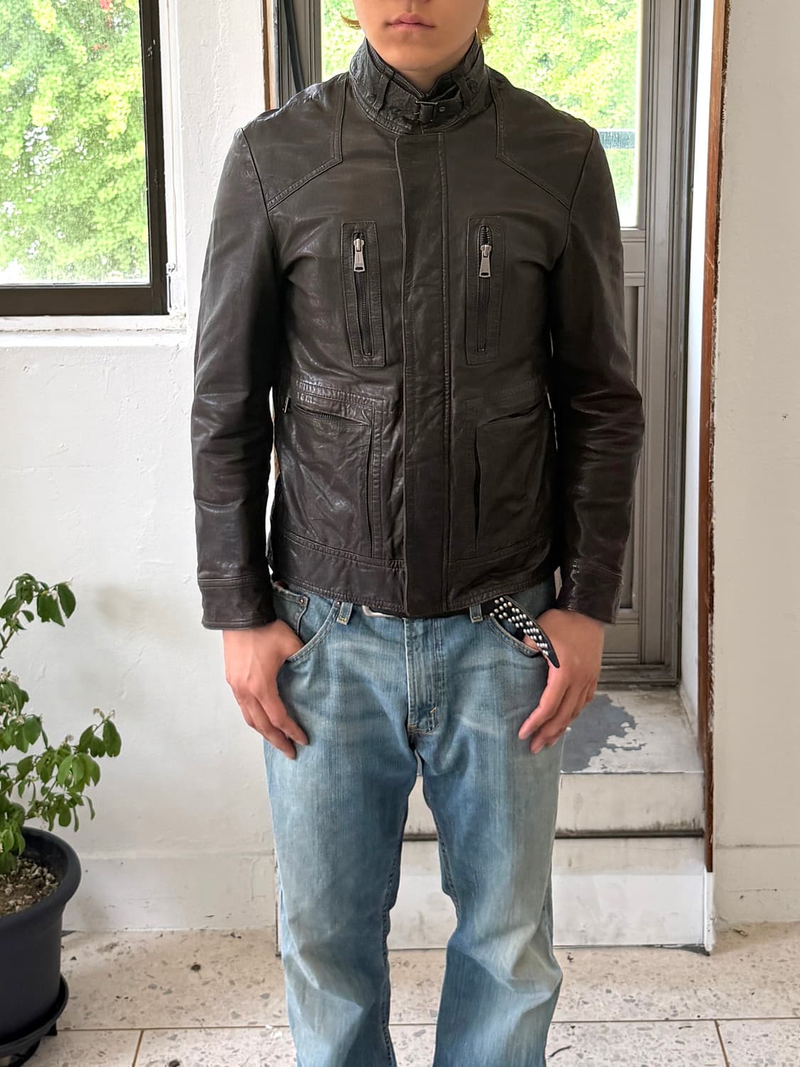 슬림 하이넥 레더 자켓 상품이미지5