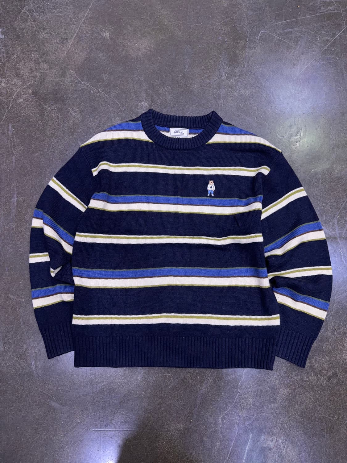 후아유 스티브 곰돌이 스트라이프 니트 스웨터 네이비 L 상품이미지1